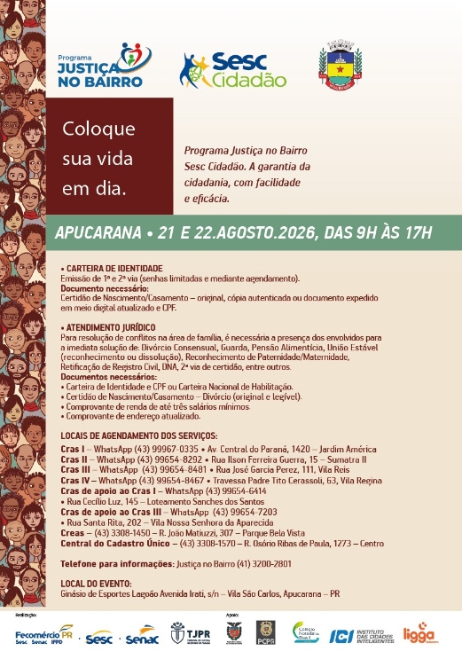 Apucarana recebe programação gratuita de Justiça e Cidadania em agosto