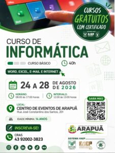 Arapuã oferece curso gratuito de informática com certificado em agosto