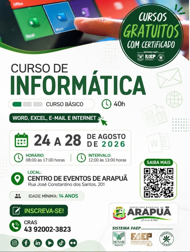 Arapuã oferece curso gratuito de informática com certificado em agosto