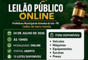 Ariranha do Ivaí abre leilão online com 12 lotes de veículos e máquinas