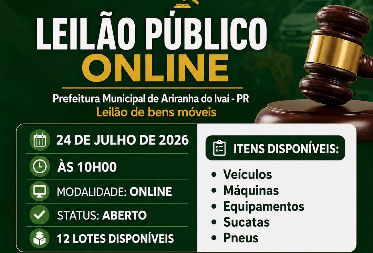 Ariranha do Ivaí abre leilão online com 12 lotes de veículos e máquinas