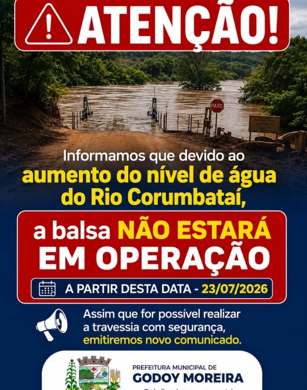 Balsa do Rio Corumbataí em Godoy Moreira cessa atividades por elevação hídrica