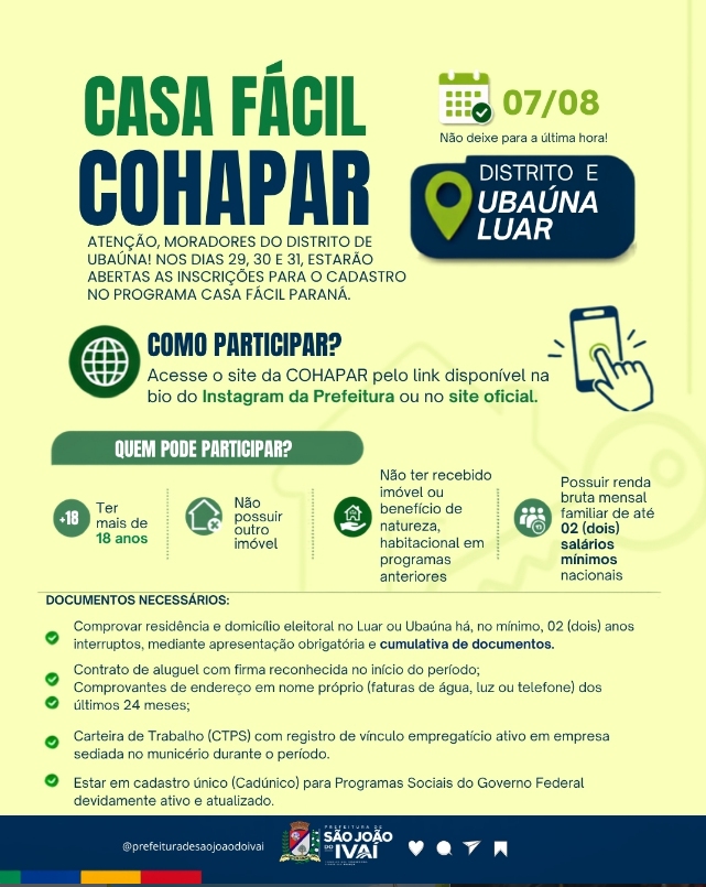 Casa Fácil Paraná: São João do Ivaí abre cadastros para moradores