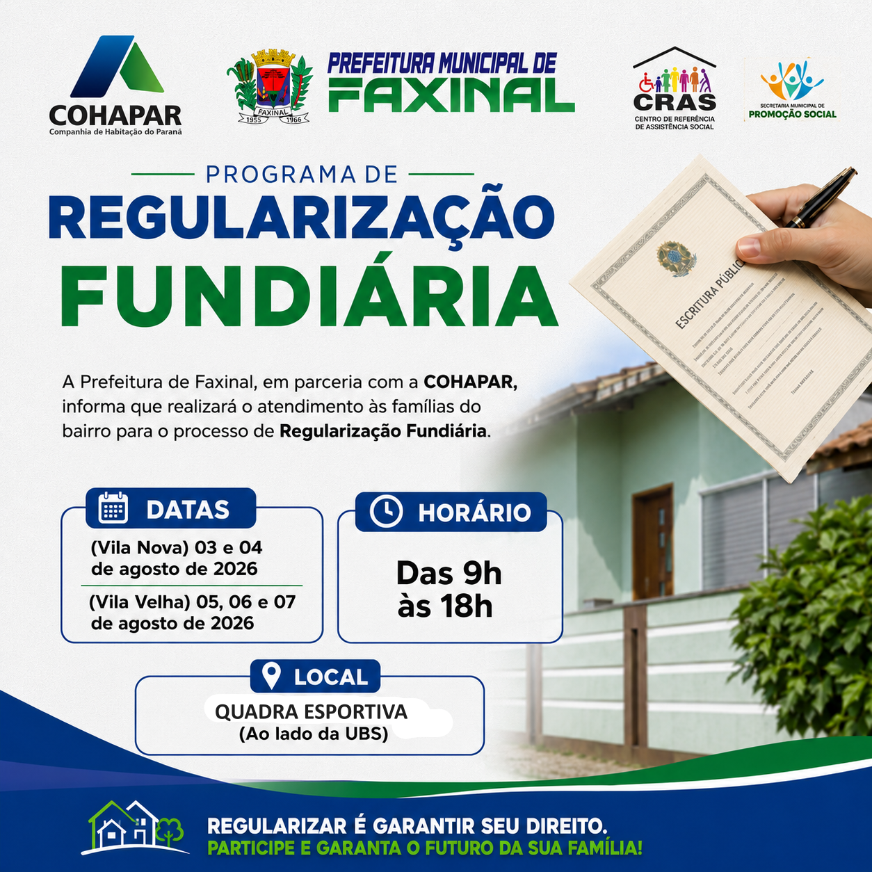 Faxinal abre cadastramento para regularizar imóveis em Vila Velha e Vila Nova