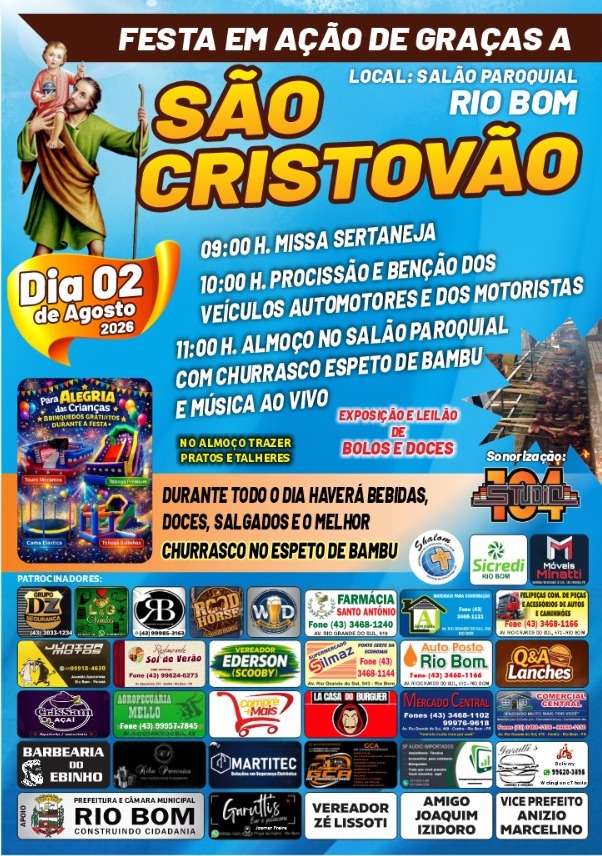 Rio Bom agenda festividade religiosa dedicada a São Cristóvão para 2 de agosto