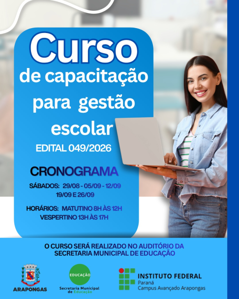 Arapongas abre inscrições para formação de gestores escolares com aulas aos sábados
