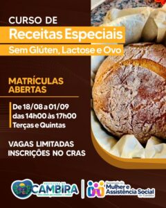 Cambira abre inscrições para curso de receitas sem glúten, lactose e ovo