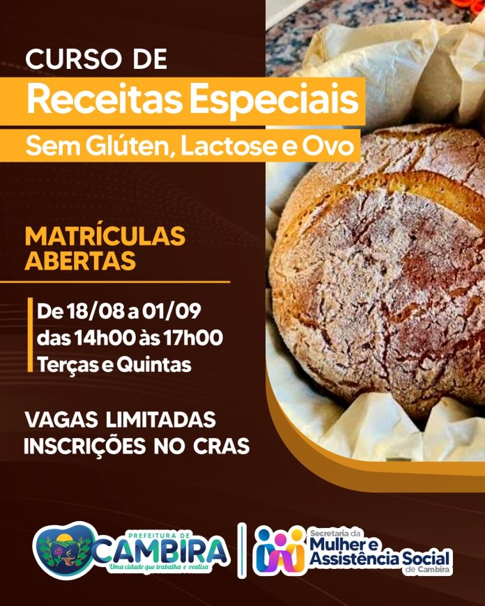 Cambira abre inscrições para curso de receitas sem glúten, lactose e ovo