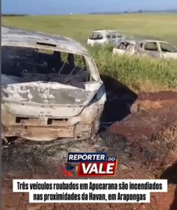 Carros roubados em Apucarana são abandonados e queimados em Arapongas