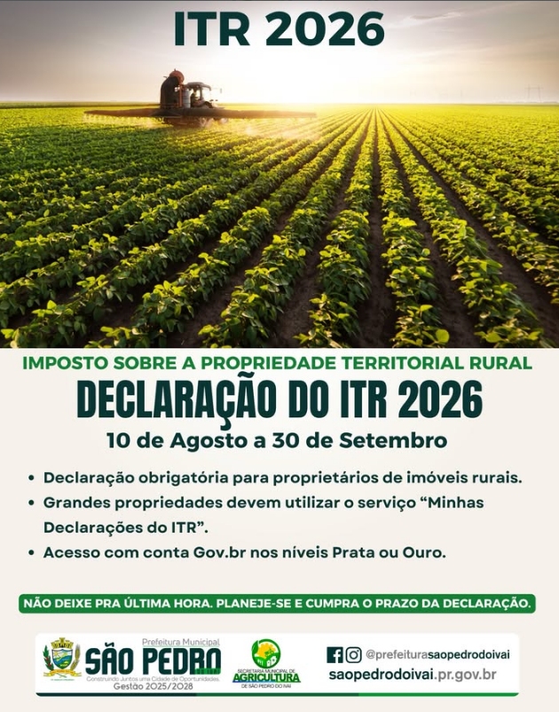 São Pedro do Ivaí: proprietários rurais têm até 30 de setembro para declarar ITR
