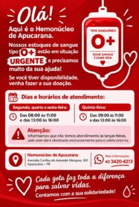 Apucarana: Hemonúcleo convida população para doar sangue tipo O+