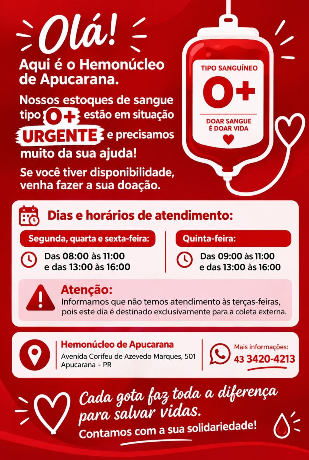 Apucarana: Hemonúcleo convida população para doar sangue tipo O+