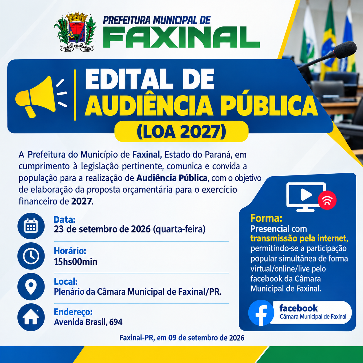 Faxinal abre discussão pública sobre orçamento de 2027 em audiência