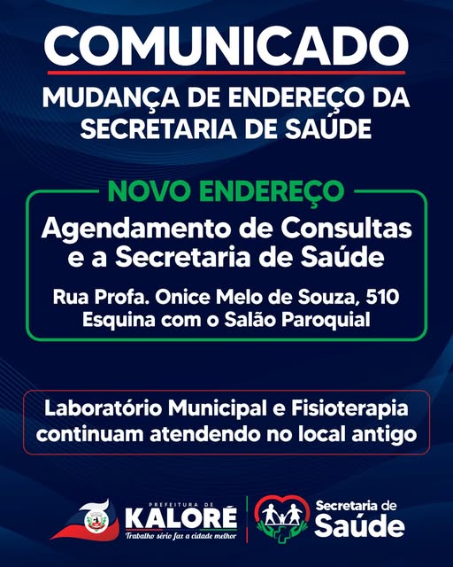 Kaloré: Secretaria de Saúde muda de endereço; confira a nova localização