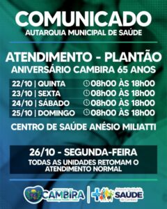 Cambira funciona com plantão na saúde durante celebração dos 65 anos