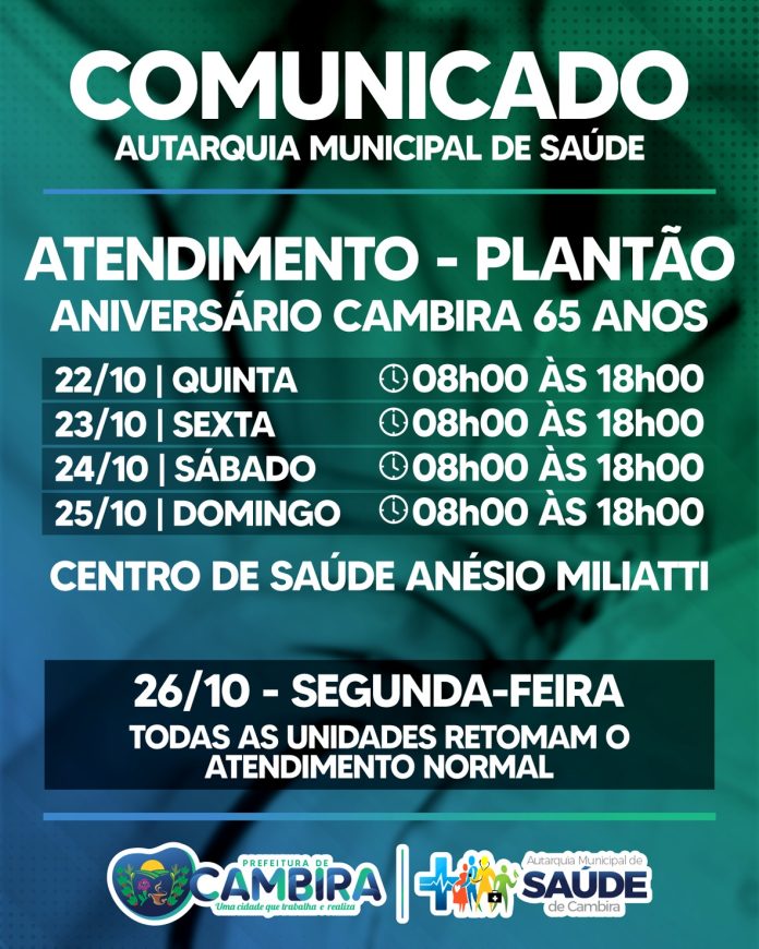 Cambira funciona com plantão na saúde durante celebração dos 65 anos