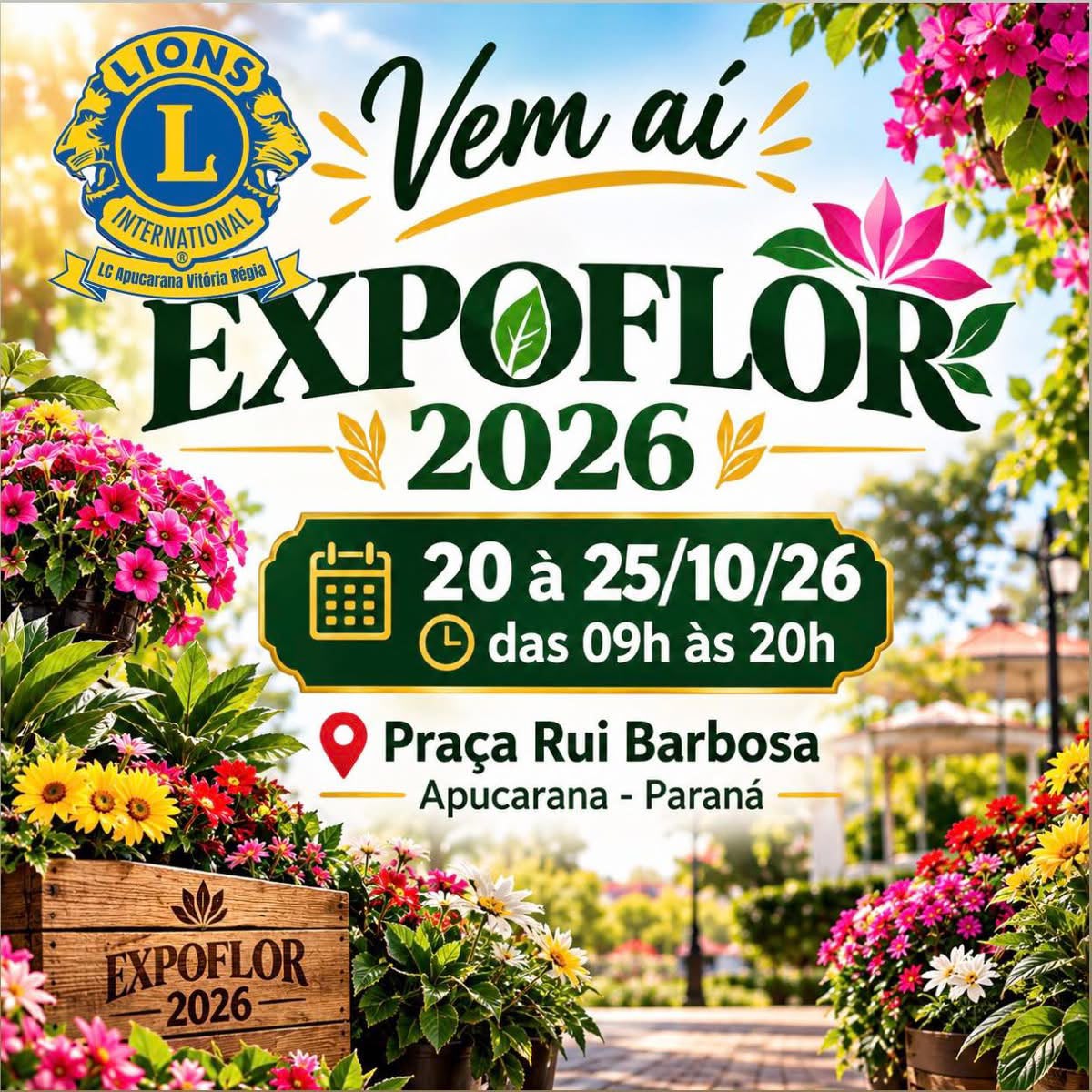 Expoflor 2026 acontece em Apucarana com flores e plantas na Praça Rui Barbosa