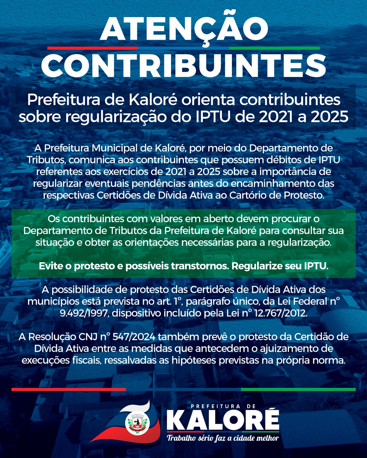 Kaloré convida contribuintes a regularizarem IPTU atrasado de 2021 a 2025