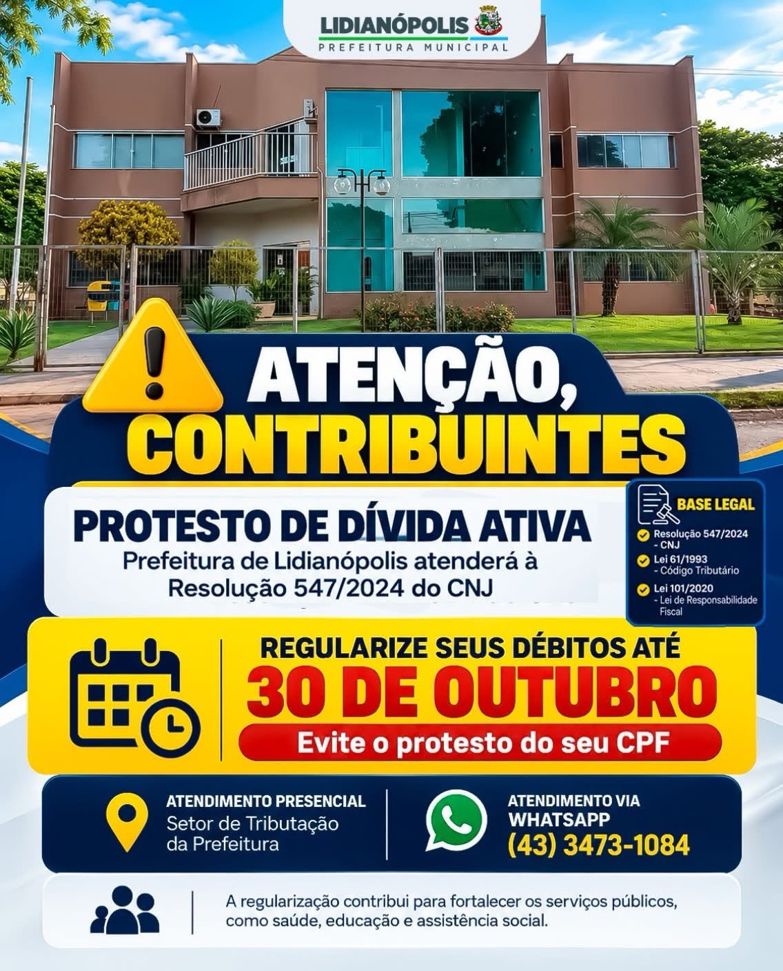 Lidianópolis intensifica cobrança de débitos tributários com prazo até 30 de outubro