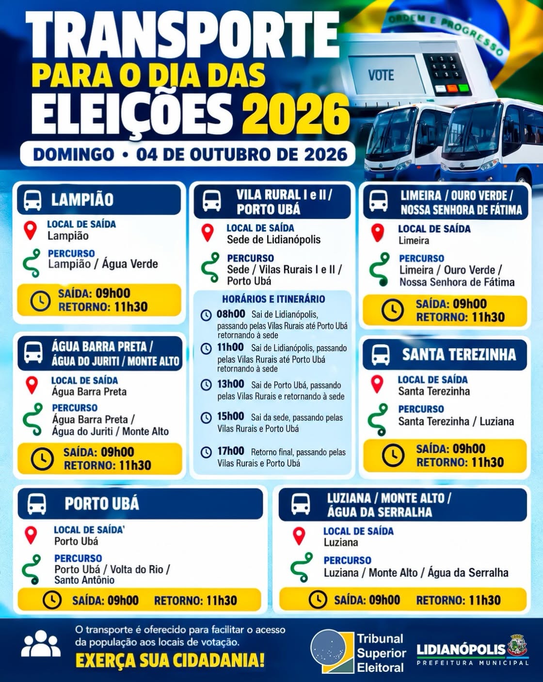 Lidianópolis oferece transporte gratuito para eleitores rurais no dia 4 de outubro