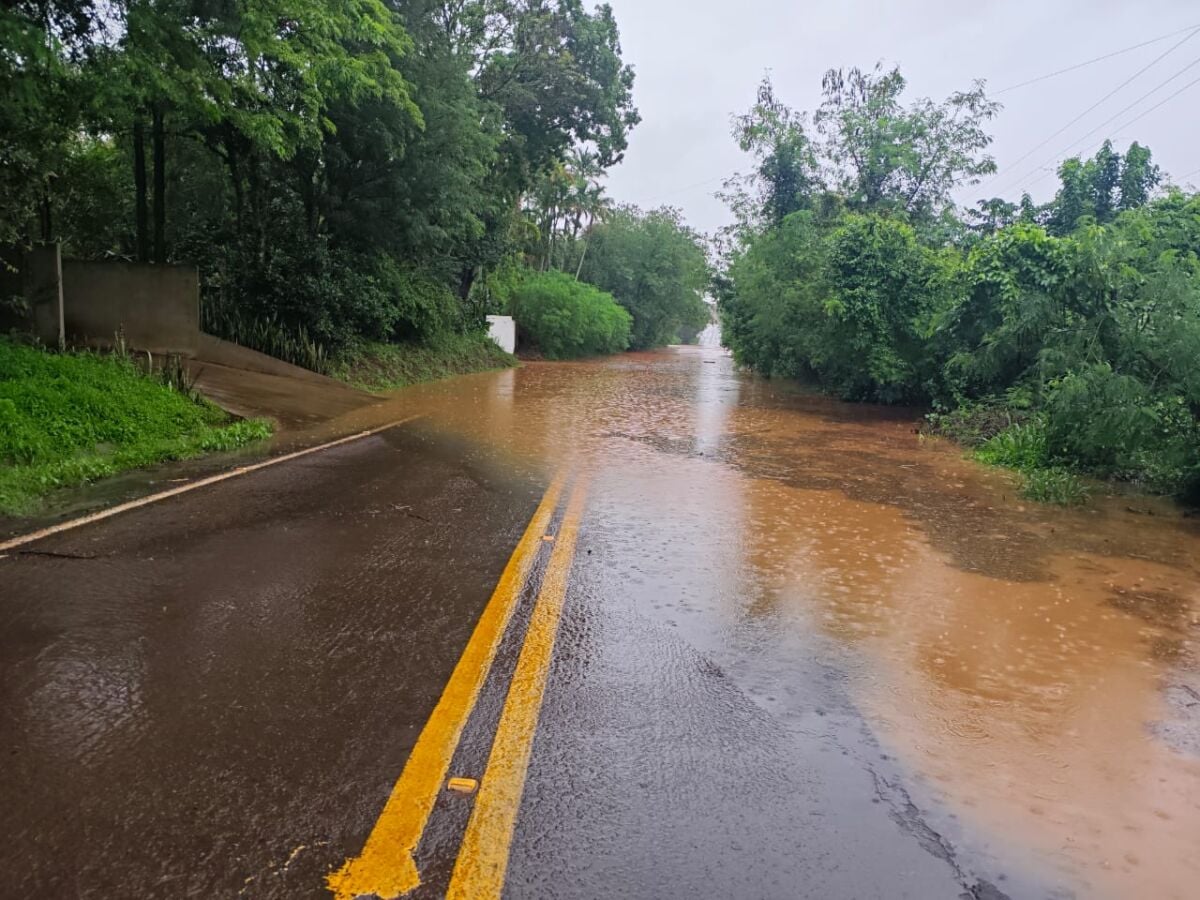Rio Andirá em cheia interdita ponte na PR-554 no Norte do Paraná