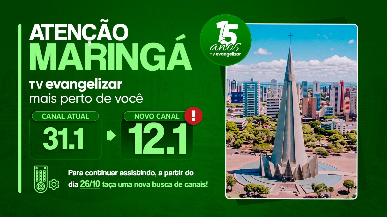 TV Evangelizar muda para canal 12.1 em Maringá e região nesta segunda-feira